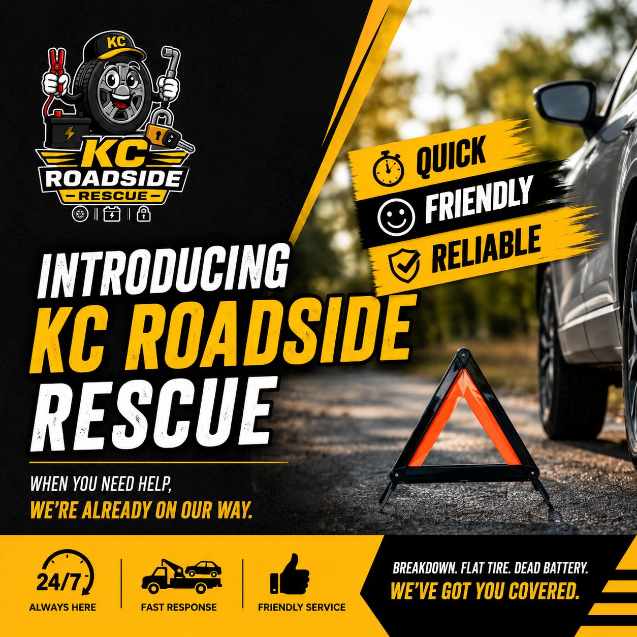 Roadside warning triangle set up beside a car on the shoulder